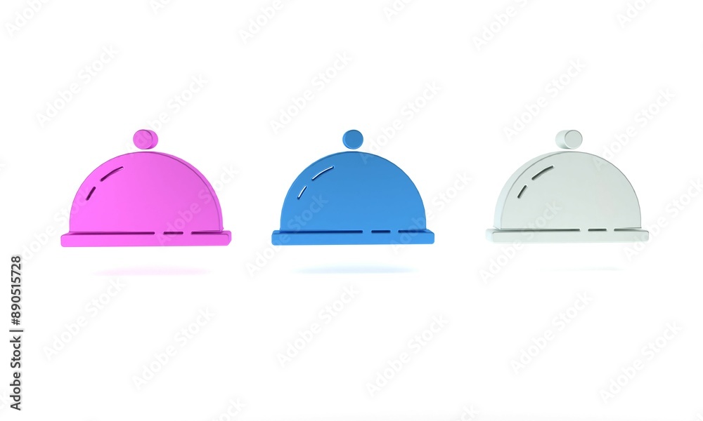 Colorful Covered with a tray of food icon isolated on white background. Tray and lid sign. Restaurant cloche with lid. Minimalism concept. 3D render illustration Colorful Covered with a tray of food icon isolated on white background. Tray and lid sign. Restaurant cloche with lid. Minimalism concept. 3D render illustration