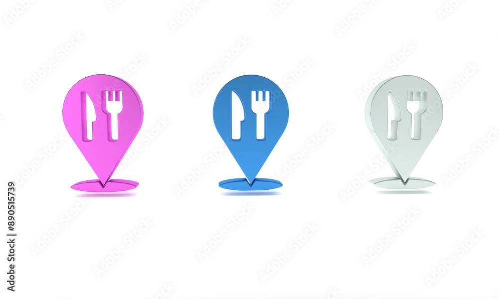 Colorful Cafe and restaurant location icon isolated on white background. Fork and spoon eatery sign inside pinpoint. Minimalism concept. 3D render illustration. Colorful Cafe and restaurant location icon isolated on white background. Fork and spoon eatery sign inside pinpoint. Minimalism concept. 3D render illustration.