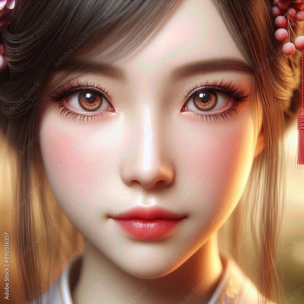 Close-up of woman with pink blush and flowers Close-up of woman with pink blush and flowers