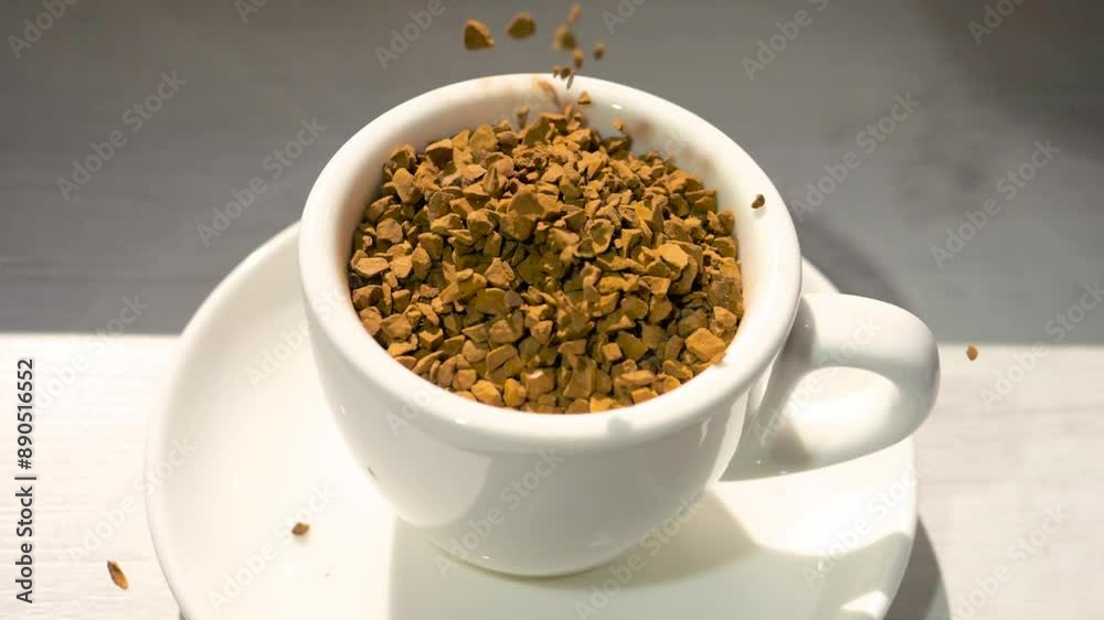 Pour instant coffee beans into a cup. Pour instant coffee into a cup in slow motion. Coffee crumbles. Pour instant coffee beans into a cup. Pour instant coffee into a cup in slow motion. Coffee crumbles.