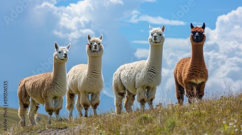 Four alpacas stand in a field on a sunny day, with a blue sky and white clouds behind them photo