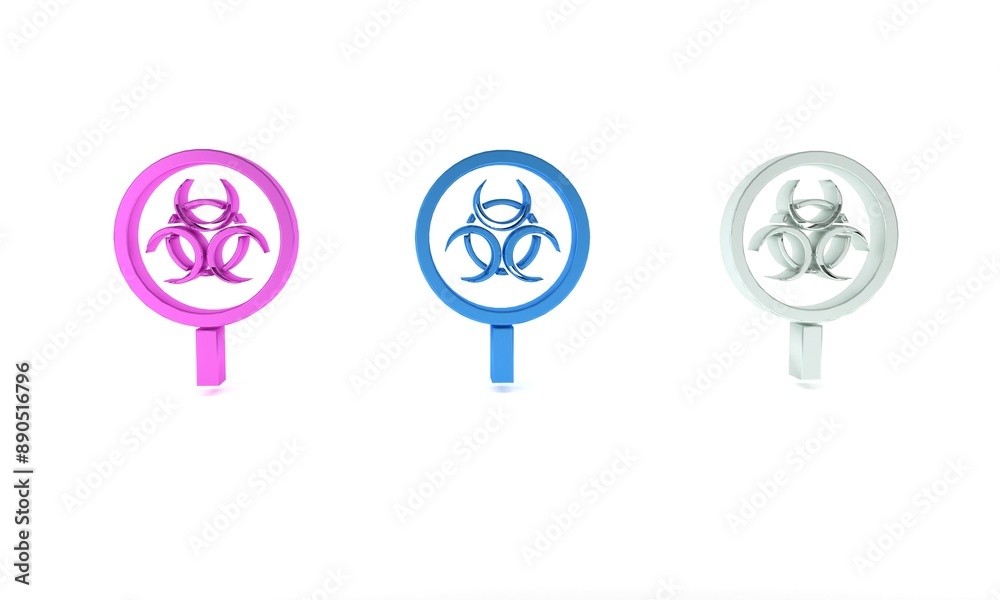 Colorful Biohazard and magnifying glass icon isolated on white background. Minimalism concept. 3D render illustration Colorful Biohazard and magnifying glass icon isolated on white background. Minimalism concept. 3D render illustration