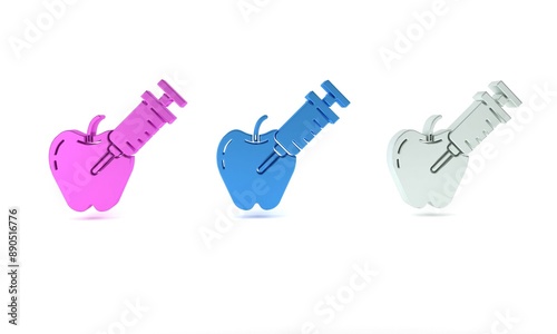Colorful Genetically modified apple icon isolated on white background. GMO fruit. Syringe being injected to apple. Minimalism concept. 3D render illustration