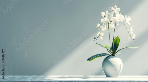 White orchid blooms in a vase, bathed in the warm light of a sunbeam