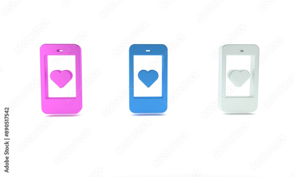 Colorful Smartphone with heart emoji speech bubble get message on screen icon isolated on white background. Valentines day. Minimalism concept. 3D render illustration Colorful Smartphone with heart emoji speech bubble get message on screen icon isolated on white background. Valentines day. Minimalism concept. 3D render illustration
