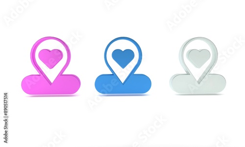 Colorful Map pointer with heart icon isolated on white background. Valentines day. Love location. Romantic map pin. Minimalism concept. 3D render illustration