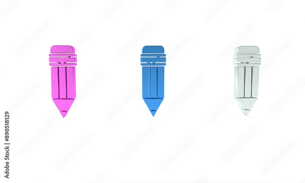 Colorful Pencil with eraser icon isolated on white background. Drawing and educational tools. School office symbol. Minimalism concept. 3D render illustration Colorful Pencil with eraser icon isolated on white background. Drawing and educational tools. School office symbol. Minimalism concept. 3D render illustration