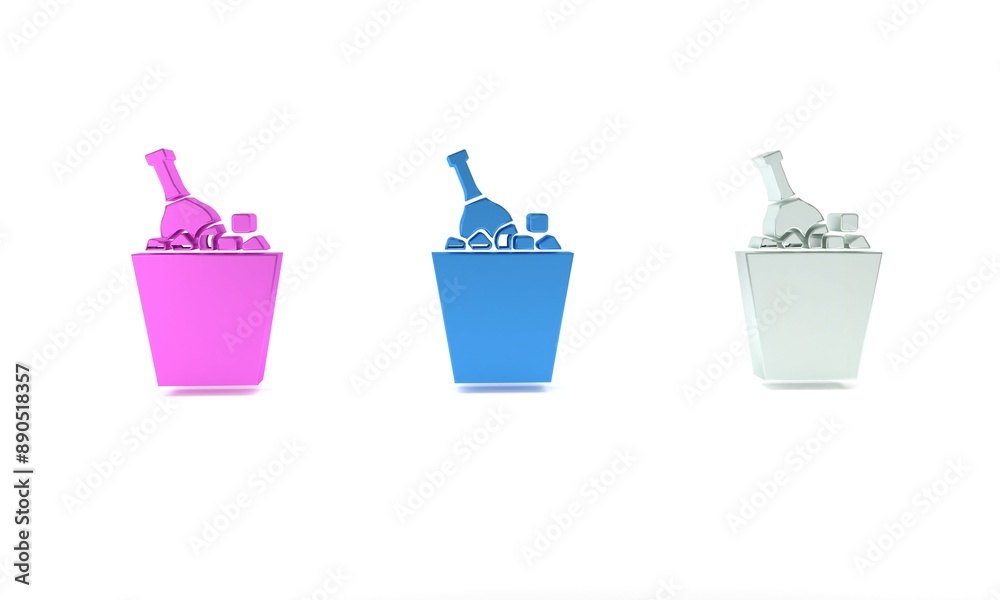 Colorful Bottle of champagne in an ice bucket icon isolated on white background. Minimalism concept. 3D render illustration Colorful Bottle of champagne in an ice bucket icon isolated on white background. Minimalism concept. 3D render illustration