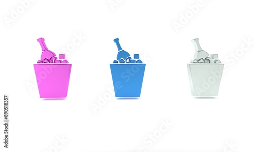 Colorful Bottle of champagne in an ice bucket icon isolated on white background. Minimalism concept. 3D render illustration