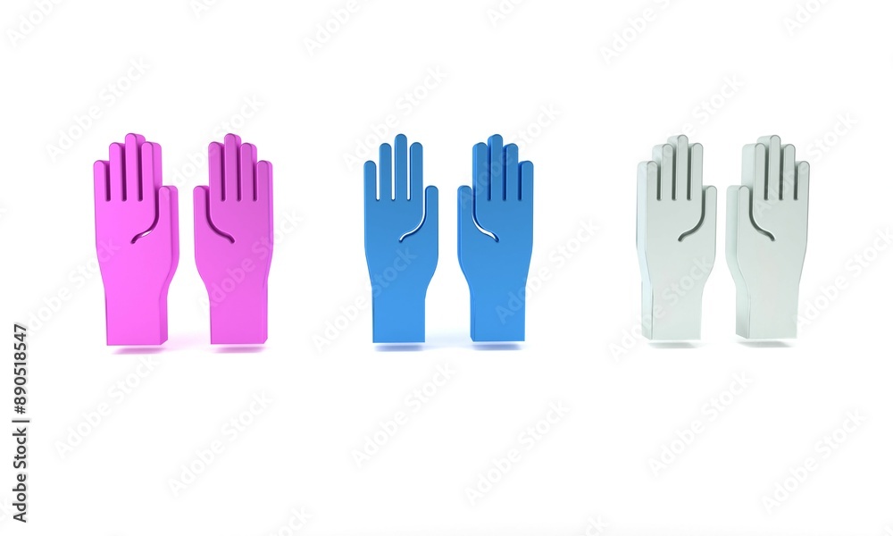 Obraz premium Colorful Rubber gloves icon isolated on white background. Latex hand protection sign. Housework cleaning equipment symbol. Minimalism concept. 3D render illustration