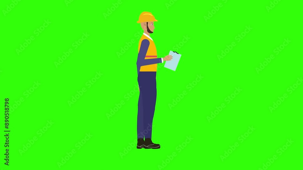 Character animation of construction engineer, looking on the project, green screen Character animation of construction engineer, looking on the project, green screen