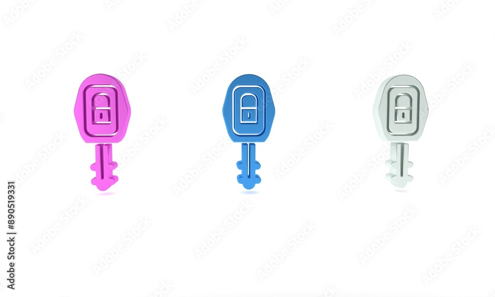 Colorful Car key with remote icon isolated on white background. Car key and alarm system. Minimalism concept. 3D render illustration Colorful Car key with remote icon isolated on white background. Car key and alarm system. Minimalism concept. 3D render illustration