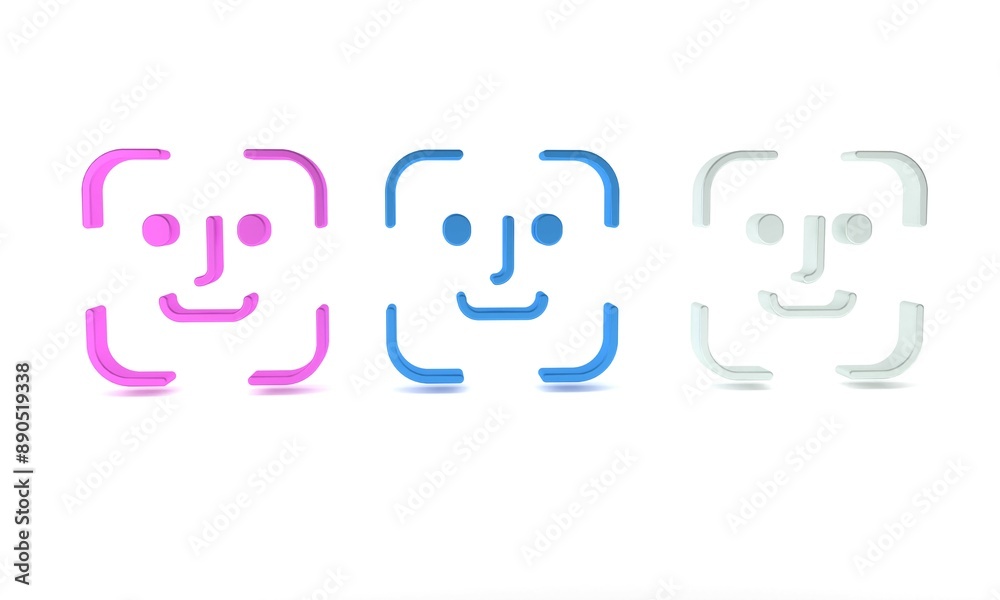 Colorful Face recognition icon isolated on white background. Face identification scanner icon. Facial id. Cyber security concept. Minimalism concept. 3D render illustration Colorful Face recognition icon isolated on white background. Face identification scanner icon. Facial id. Cyber security concept. Minimalism concept. 3D render illustration