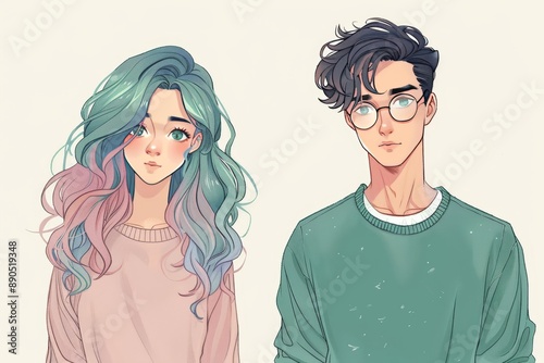 A girl with long hair and a boy with glasses