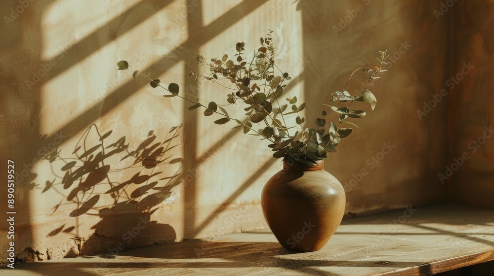 Eucalyptus in vase glows in sunlit room Eucalyptus in vase glows in sunlit room