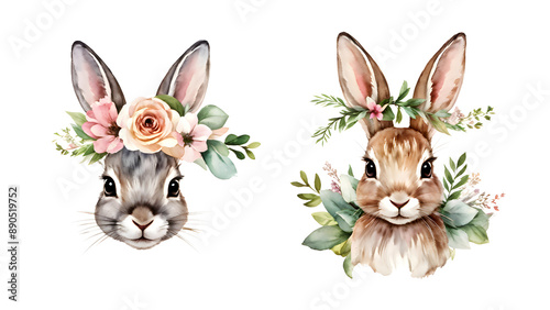 Set of watercolor bunny portrait elements set isolated on transparent background, decoration clip art mock up