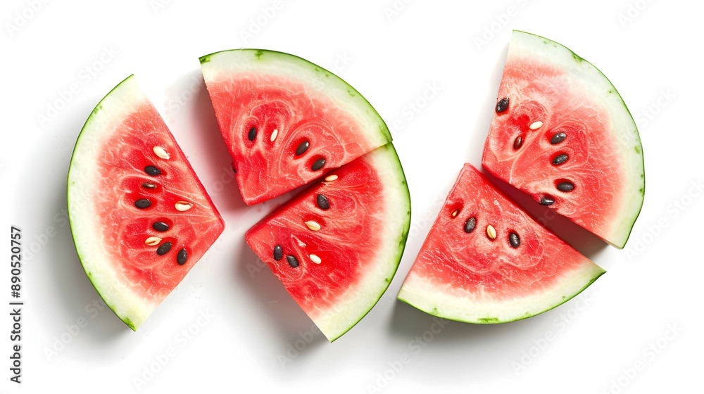 Vibrant Red Watermelon Slices with Contrasting Dark Seeds on White Background Vibrant Red Watermelon Slices with Contrasting Dark Seeds on White Background