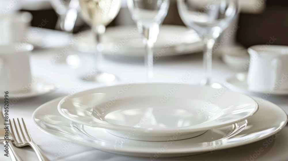 Close Up of Stacked White Plates on a Table Setting. Close Up of Stacked White Plates on a Table Setting.