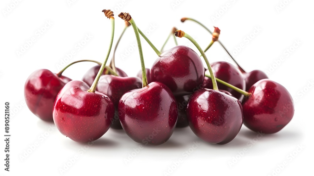 Luscious Red Cherries with Stems on a Minimalist White Background Luscious Red Cherries with Stems on a Minimalist White Background