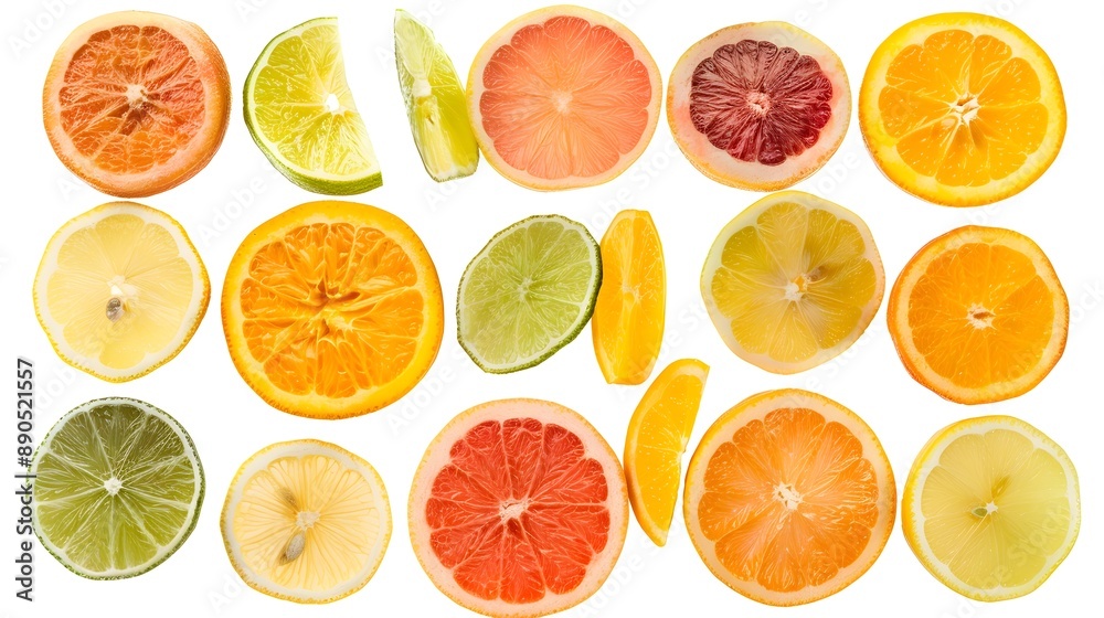 Obraz premium Assorted Vibrant Citrus Slices Arranged on a White Background Showcasing Refreshing Flavors