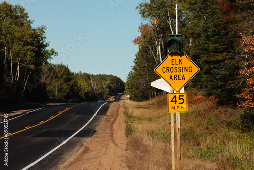 Elk Crossing light, activates when elk are near, on Hwy 77 near Clam Lake, Wisconsin