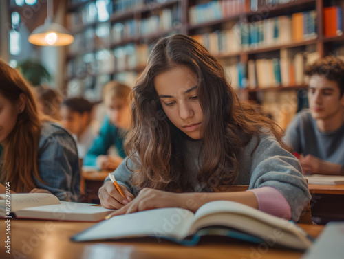 Focused Student Studying in Library