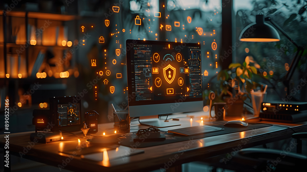 Modern home office setup featuring a computer with a digital security interface, emphasizing cybersecurity and remote work at sunset. Modern home office setup featuring a computer with a digital security interface, emphasizing cybersecurity and remote work at sunset.