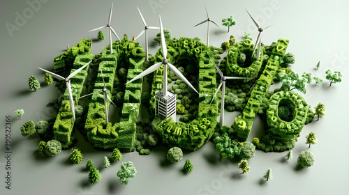 A conceptual image showcasing a cityscape with wind turbines and lush greenery, representing a commitment to 100% renewable energy. photo