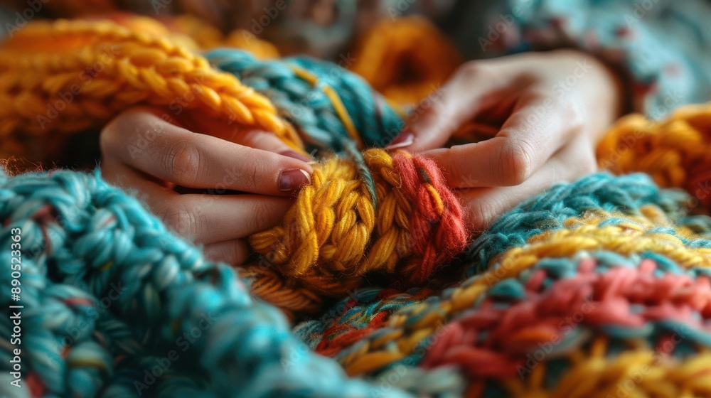 Close up of hands holding colorful yarn, creating a cozy and comforting scene. Close up of hands holding colorful yarn, creating a cozy and comforting scene.