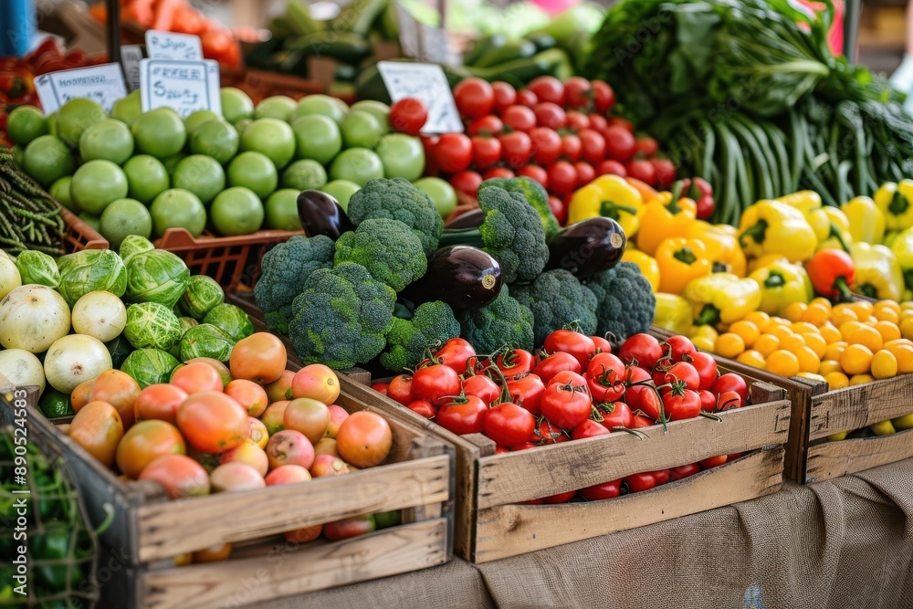 Fresh produce displayed in wooden crates at a farmers market. Colorful vegetables like tomatoes, peppers, and broccoli fill the frame. Fresh produce displayed in wooden crates at a farmers market. Colorful vegetables like tomatoes, peppers, and broccoli fill the frame.