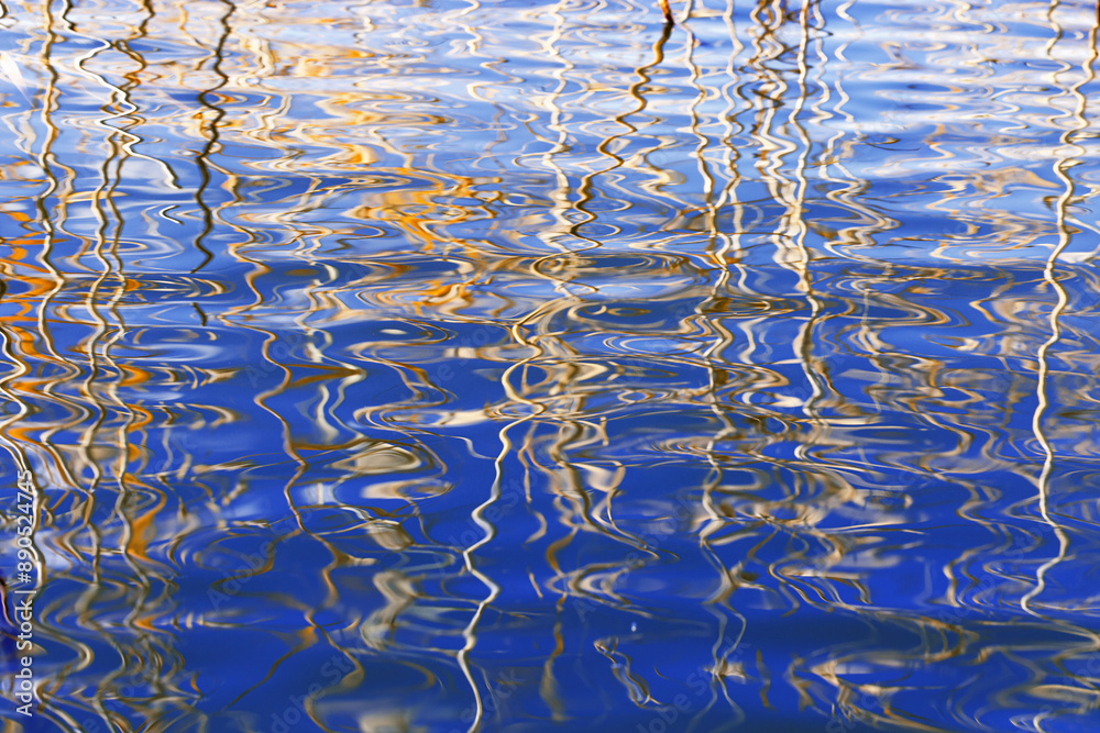 Dried grass reeds and their water ripples, nature landscape yellow blue color. Growing wild plants in lake or wetlands, abstract natural texture pattern from reflections on water in form curved lines Dried grass reeds and their water ripples, nature landscape yellow blue color. Growing wild plants in lake or wetlands, abstract natural texture pattern from reflections on water in form curved lines