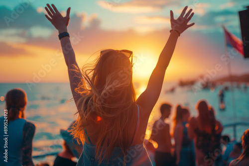 Young woman with hat at summer beach party music festival raised hands in the air, enjoy the life.