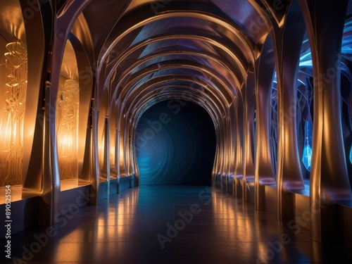 Futuristic golden corridor with organic curves and polished surfaces, illuminated by ambient lighting creating a sci-fi atmosphere.