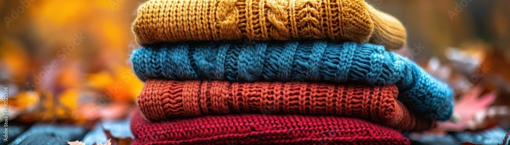 Stack of colorful knitted sweaters. Stack of colorful knitted sweaters.