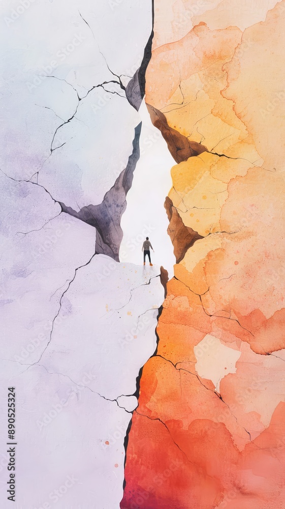 Fototapeta premium Watercolor depiction of a person breaking through a wall, symbolizing a breakthrough and mental shift, powerful and bold hues