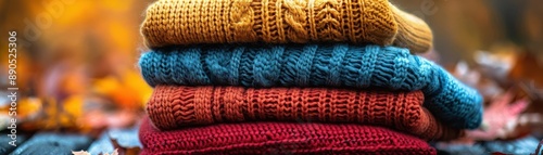 Stack of colorful knitted sweaters.