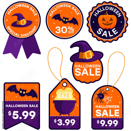 halloween sale elements, tags, pumpkin, witch hat, bat, witch pot, spider, season autumn