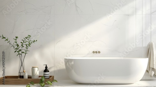 Minimalist Bathroom Interior with Bathtub and Greenery.