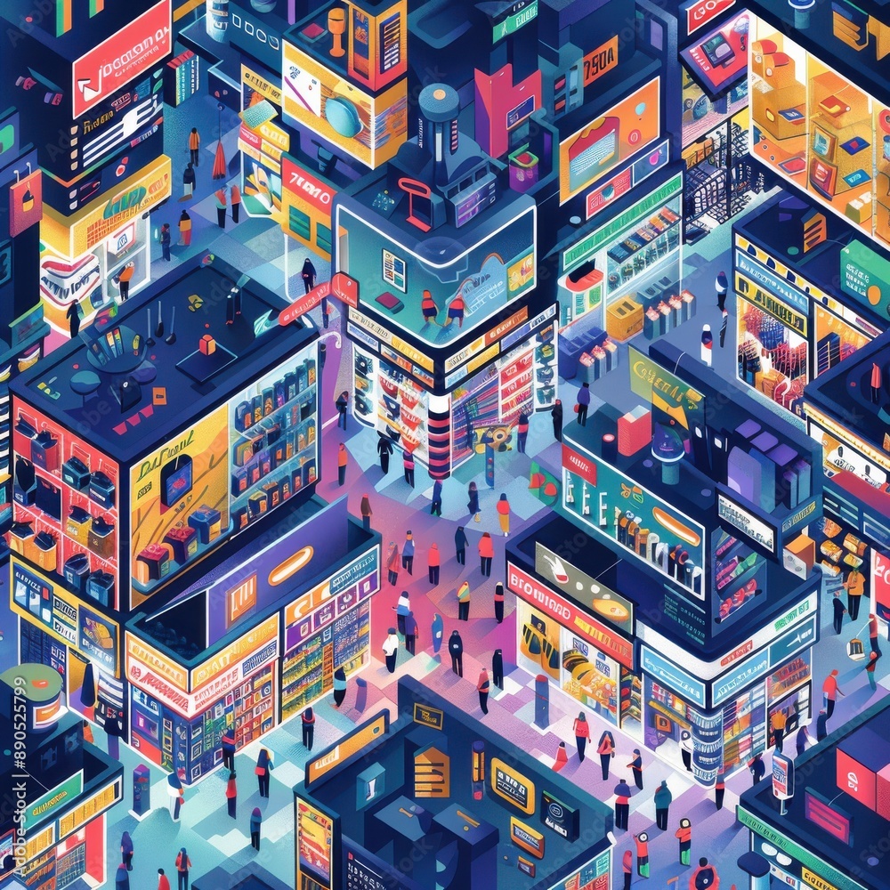 Vibrant isometric cityscape at night filled with colorful buildings, bustling streets, and animated crowds in a futuristic urban setting. Vibrant isometric cityscape at night filled with colorful buildings, bustling streets, and animated crowds in a futuristic urban setting.