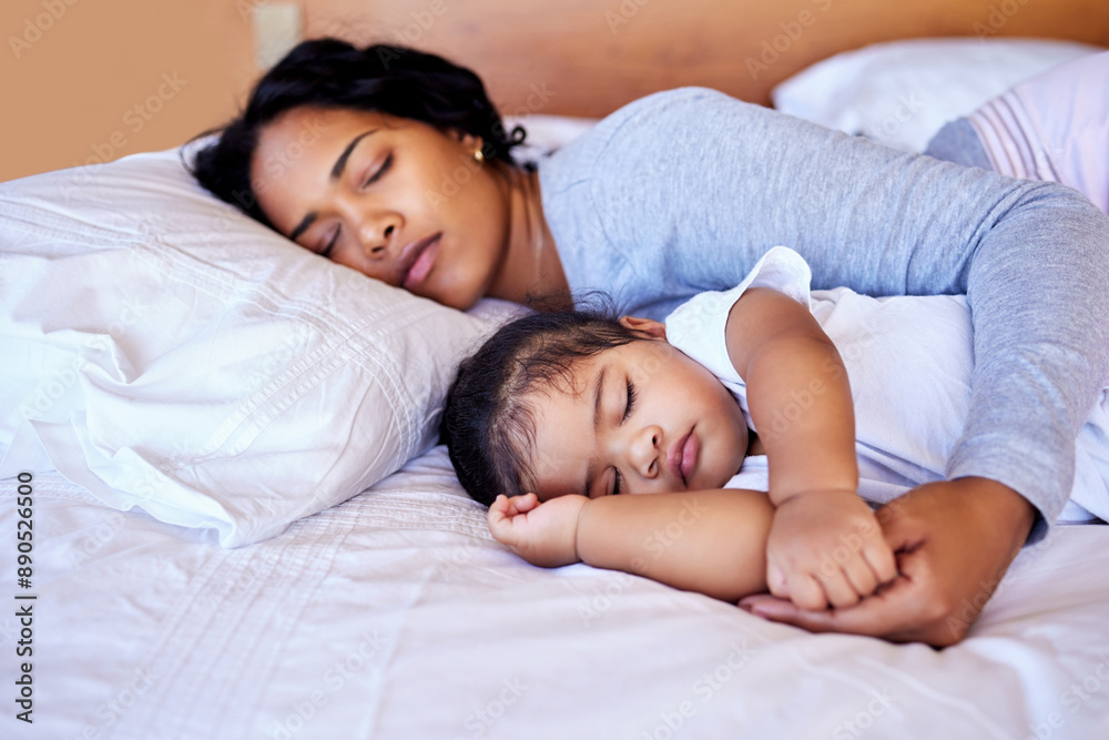 Mother, baby and sleeping on bed in house for love, development and bonding together with trust. Mom, toddler and rest in apartment bedroom for growth, wellness and care with support, tired or dream Mother, baby and sleeping on bed in house for love, development and bonding together with trust. Mom, toddler and rest in apartment bedroom for growth, wellness and care with support, tired or dream