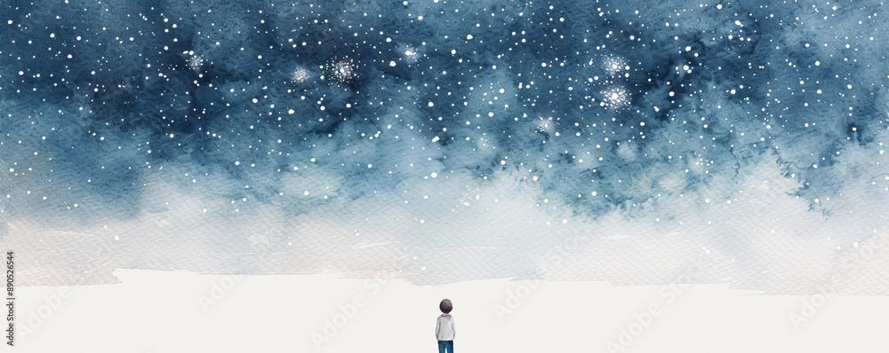 Watercolor depiction of a child gazing at the night sky full of stars, embodying wonder and an open mindset, dreamy and serene tones Watercolor depiction of a child gazing at the night sky full of stars, embodying wonder and an open mindset, dreamy and serene tones