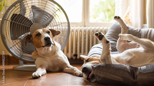 A dog is stretched out in front of a fan, with its legs in the air. Another dog is sleeping upside down in its bed. These are ways to keep pets cool in hot weather.