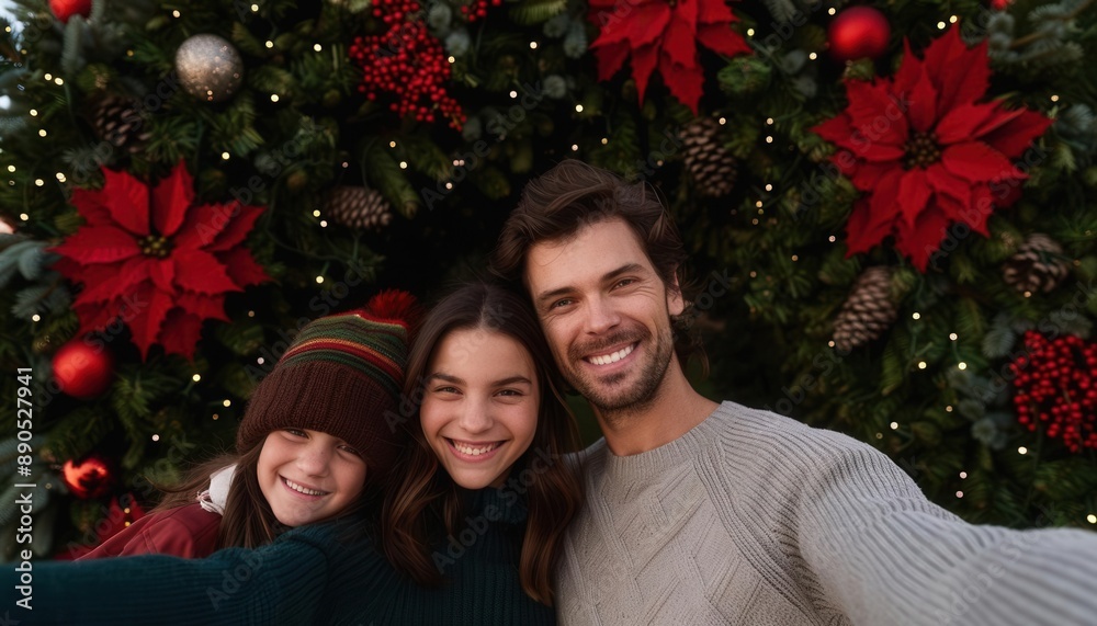 A family taking a selfie in front of a giant holiday wreath, smiles on their faces A family taking a selfie in front of a giant holiday wreath, smiles on their faces