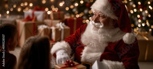 Santa Claus interacting with kids, surrounded by beautifully wrapped gifts and a backdrop of sparkling lights