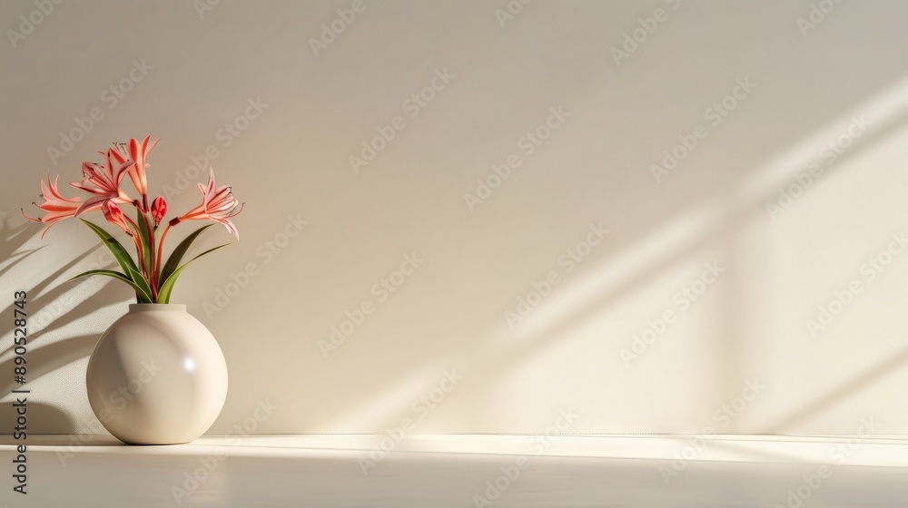 Pink nerine flowers in a white vase on a table, bathed in sunlight