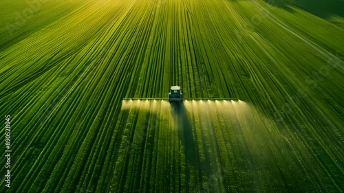 Aerial view of tractor spraying a green field of crops