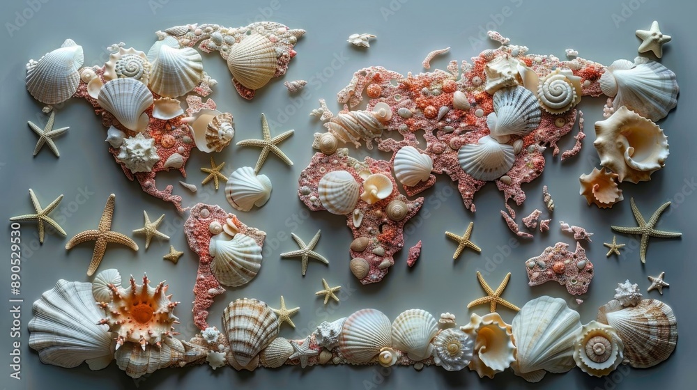 World map creatively designed using a variety of seashells and starfish, depicting continents and oceans in a unique artistic manner. World map creatively designed using a variety of seashells and starfish, depicting continents and oceans in a unique artistic manner.