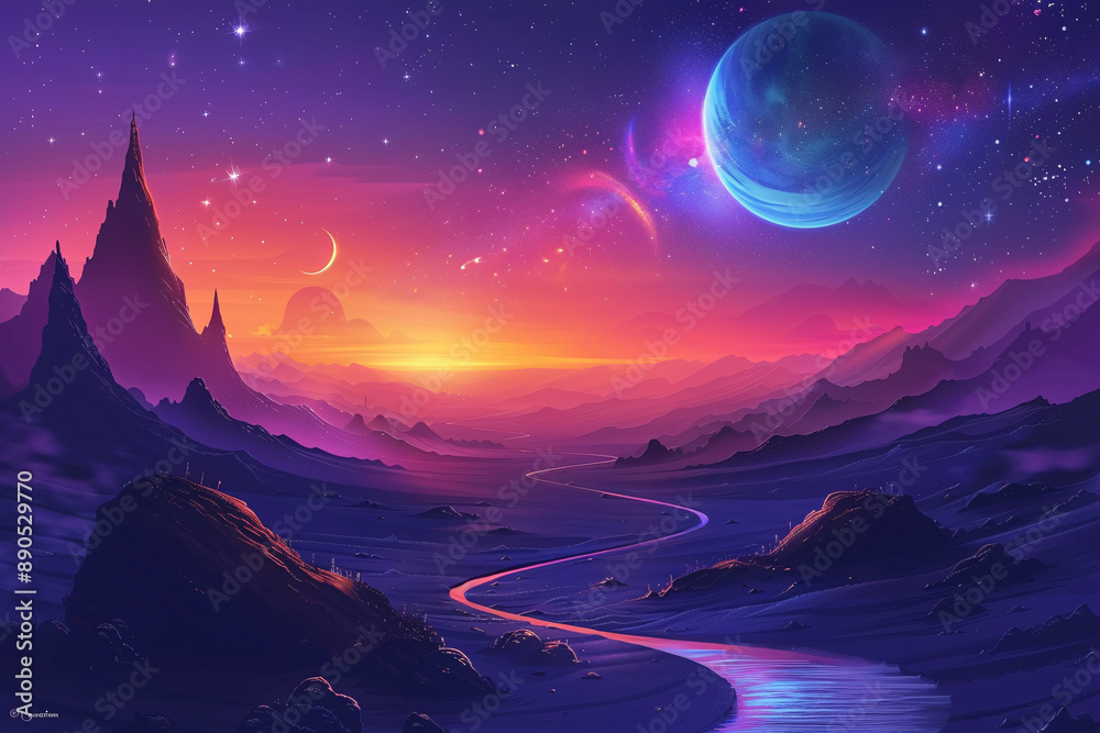 a landscape with a river and mountains and a colorful sky a landscape with a river and mountains and a colorful sky