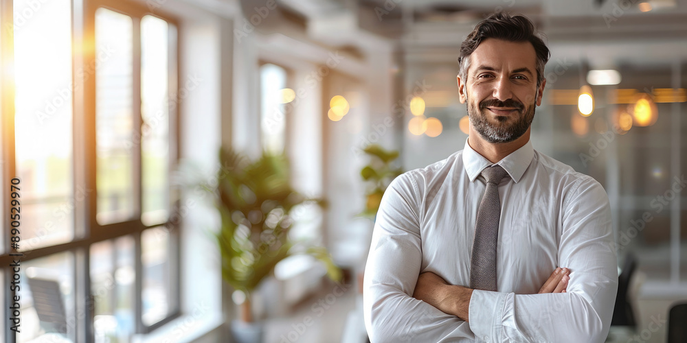 Portrait of a young, promising, business-like, confident, smiling man. Successful entrepreneur, with leadership qualities, wearing an elegant suit, standing in the office with his arms crossed. Portrait of a young, promising, business-like, confident, smiling man. Successful entrepreneur, with leadership qualities, wearing an elegant suit, standing in the office with his arms crossed.