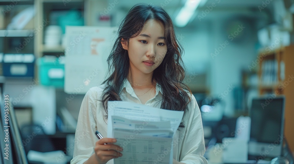 A woman is reading a piece of paper in a room with a computer and a monitor A woman is reading a piece of paper in a room with a computer and a monitor
